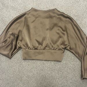 Zara Bronze Satin Crop Long Sleeve Open Back Vent Blouse Sz L